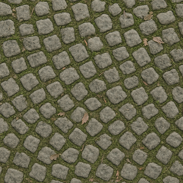 Cobblestone Small With Mossy Grout And Dry Leaves Natural Wear Asphalt seamless PBR texture preview