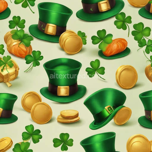 Seamless 3D PBR Texture Featuring Green Leprechaun Hats, Gold Coins, and Shamrocks