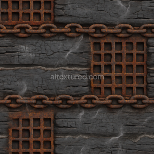 Seamless 3d texture pbr 8k rusty iron with old chains and weathered wood background