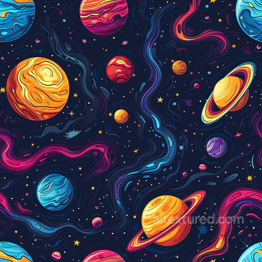 Space PBR Texture Featuring Colorful Planets and Swirling Nebula Patterns seamless Star, space, planets PBR texture
