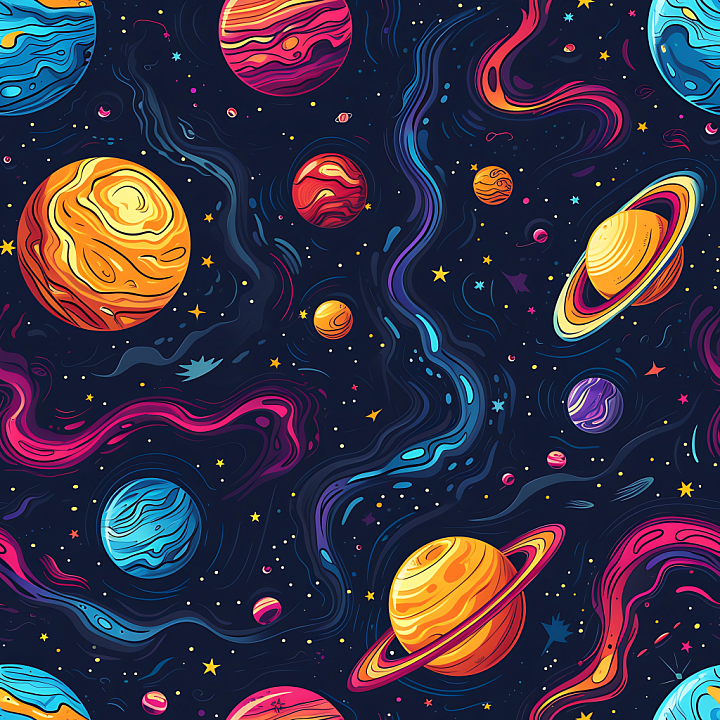 Space Featuring Colorful Planets and Swirling Nebula Patterns seamless PBR texture preview