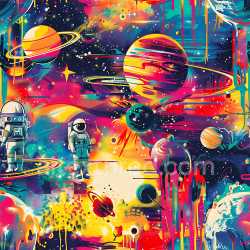 seamless Seamless 3D PBR Texture Featuring Vibrant Space Graffiti with Astronauts and Planets texture 8k free download PBR