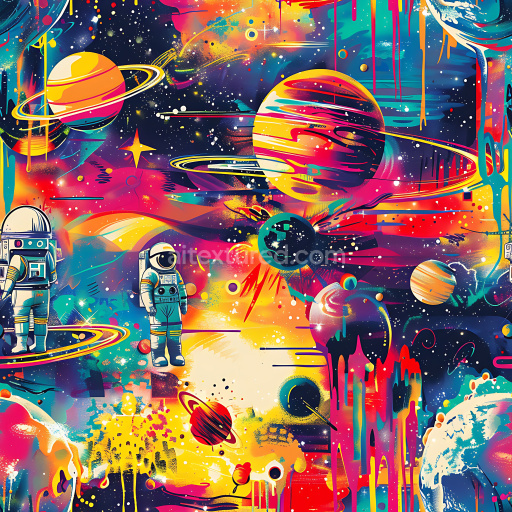 Seamless 3D PBR Texture Featuring Vibrant Space Graffiti with Astronauts and Planets