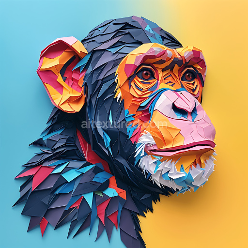 Seamless 3D PBR Texture Featuring Origami-Inspired Chimpanzee with Vibrant Sculpted Paper Style