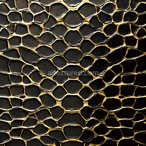 Seamless 3D PBR Texture of Reptilian Skin with Glossy Black Scales and Golden Creases
