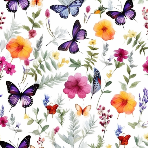 Seamless 3D PBR Watercolor Butterflies Fabric Texture with Colorful Flowers