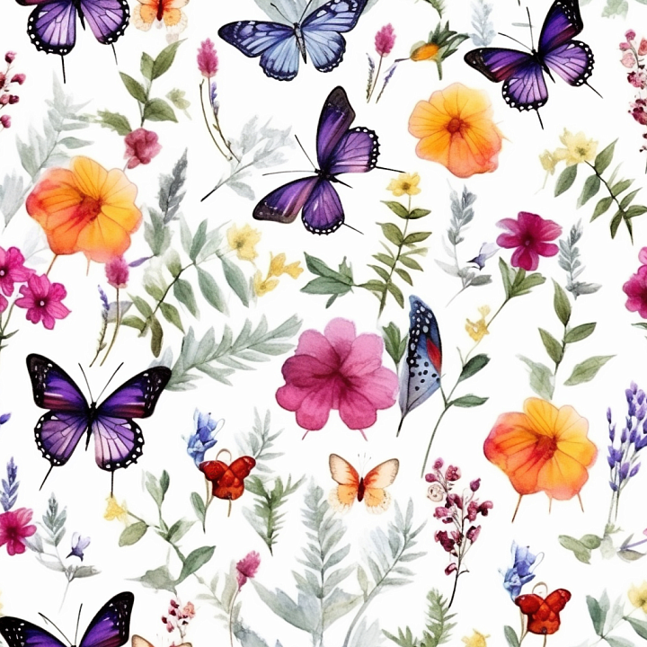 Watercolor Butterflies Fabric with Colorful Flowers seamless PBR texture preview