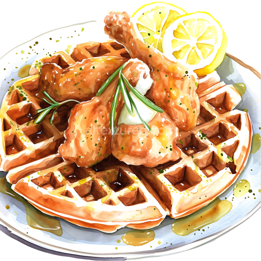 Watercolor Style Chicken and Waffles Breakfast Illustration with Lemon Garnish