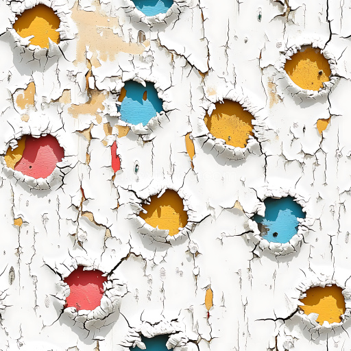Seamless 3D cracked paint PBR texture featuring vibrant colored holes and peeling layers