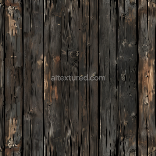 Seamless 3D Charred Wood Planks PBR Texture with Weathered Grain and Knots