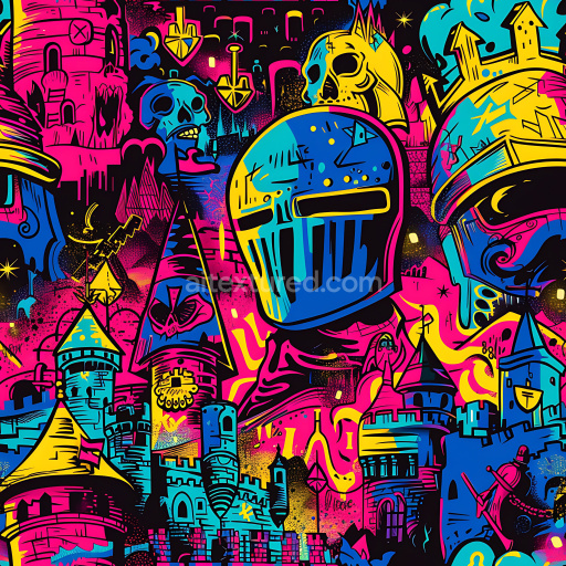 Seamless 3D PBR Graffiti Texture Featuring Neon Knights and Medieval Castle Illustrations