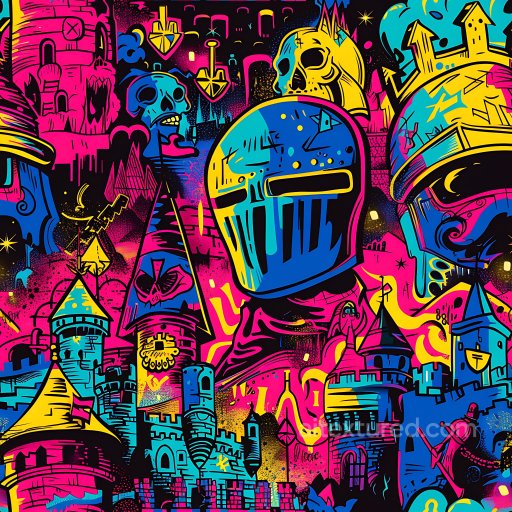 Seamless 3D PBR Graffiti Texture Featuring Neon Knights and Medieval Castle Illustrations texture preview