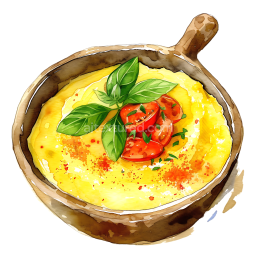 Breakfast Polenta Bowl with Fresh Tomatoes and Basil Watercolor Illustration