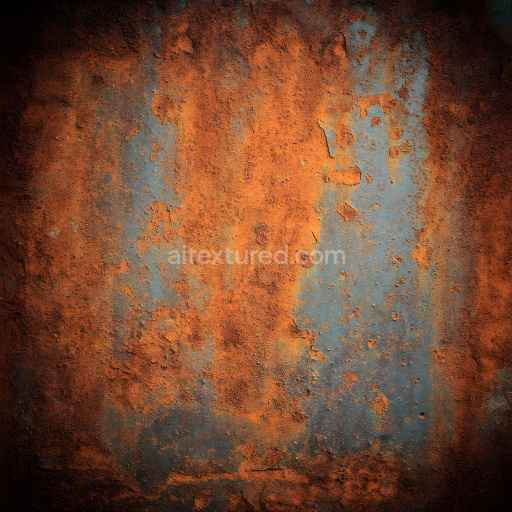 Seamless 3D Rusty Metal PBR Texture Featuring Cracked Orange Corrosion and Blue Paint