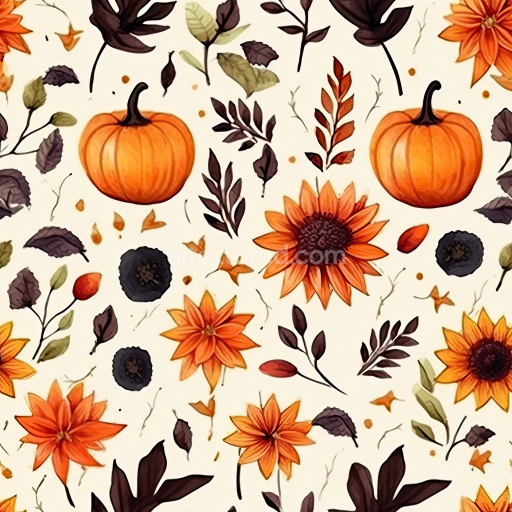 Seamless 3D PBR Watercolor Pumpkin and Autumn Floral Pattern Texture