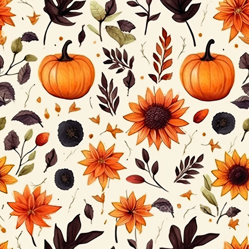 Watercolor Pumpkin and Autumn Floral Pattern Texture seamless Watercolor Halloween PBR texture