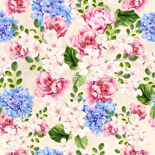 Seamless 3D PBR Floral Fabric Texture Featuring Watercolor Pink, Blue, and White Flowers