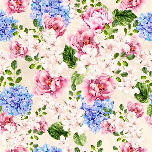 Floral Fabric Texture Featuring Watercolor Pink, Blue, and White Flowers seamless Flower PBR texture