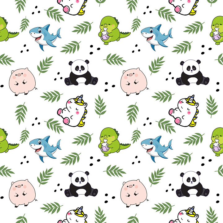 Pattern with Playful Cartoon Animal Motifs on White Background seamless PBR texture preview