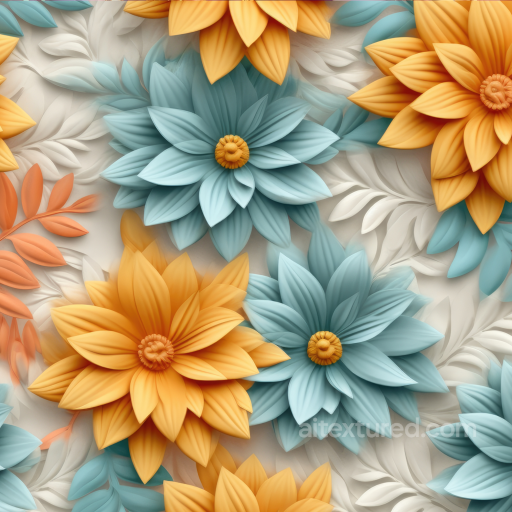 Floral Texture Featuring Soft Blue and Orange Petals with Delicate Leaf Patterns seamless Floral  PBR texture