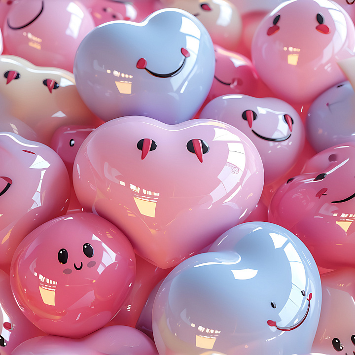 Inflated of Glossy Pastel Heart and Bubble Shapes with Faces seamless PBR texture preview