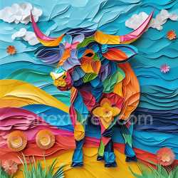 seamless Seamless 3D PBR Texture of a Vibrantly Colored Origami Highland Cow Pattern texture 8k free download PBR