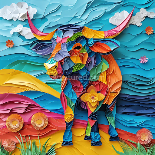 Seamless 3D PBR Texture of a Vibrantly Colored Origami Highland Cow Pattern