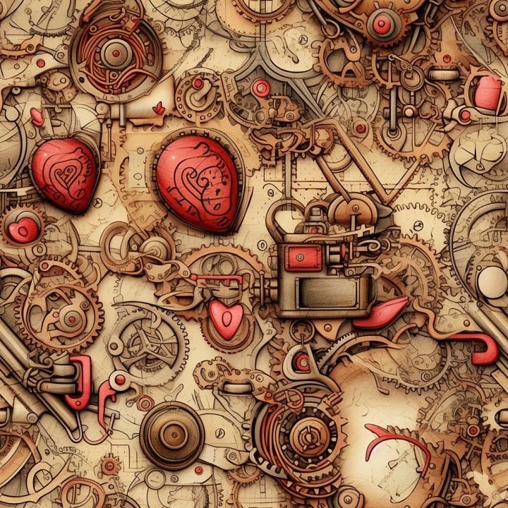 with Intricate Vintage Mechanical and Heart Elements seamless PBR texture preview