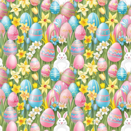 Seamless 3D PBR Texture of Colorful Easter Eggs and Bunny with Spring Flowers