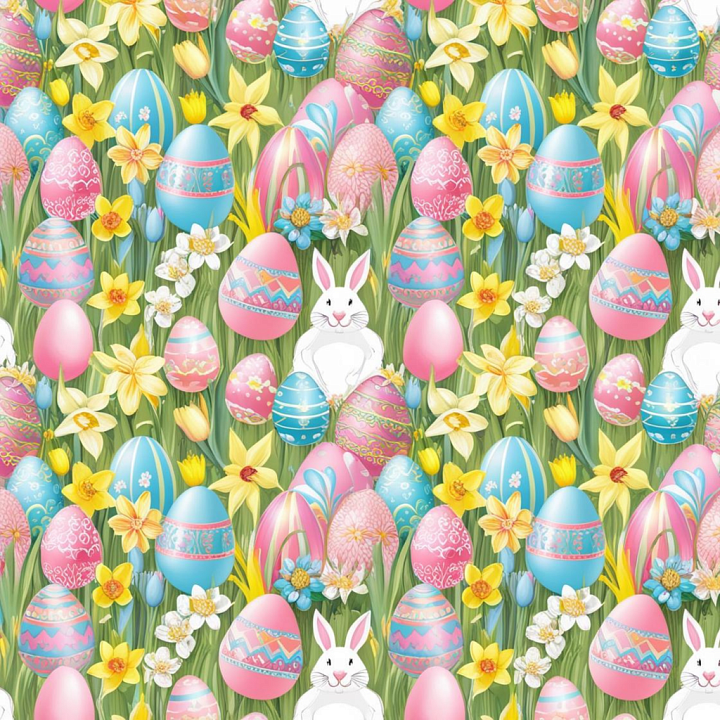 All Christmas Digital paper of Easter Eggs, Daffodils, and Bunny in Pas… seamless PBR texture preview