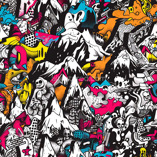 Seamless 3D PBR Texture Featuring Colorful Urban Graffiti with Mountain and Skeleton Motifs