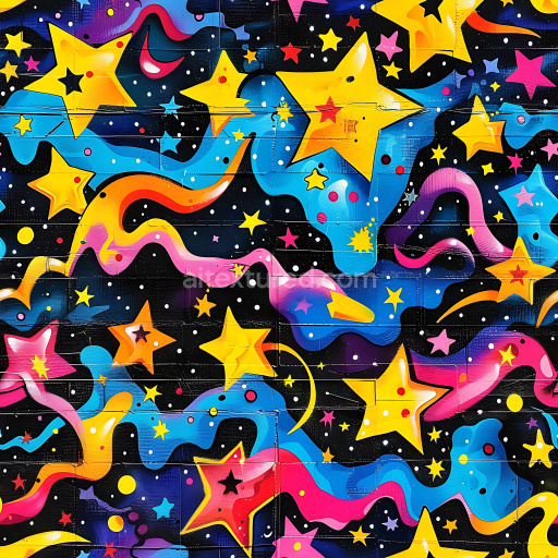 Seamless 3D PBR Graffiti Texture Featuring Vivid Stars and Flowing Colorful Waves