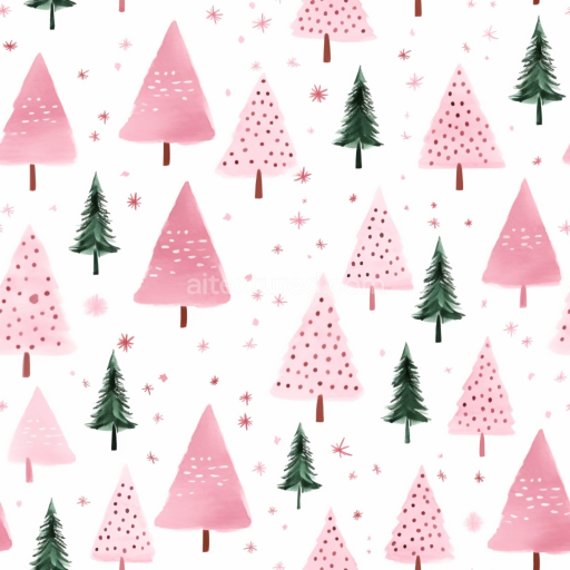 Seamless 3D PBR Christmas digital paper texture with pink and green stylized trees