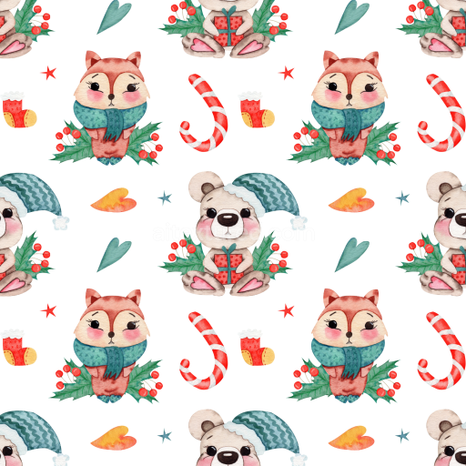 Seamless 3D PBR Texture Featuring Watercolor Christmas Animals and Festive Motifs
