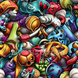 seamless Seamless 3D PBR Graffiti Texture Featuring Vibrant Sports Elements and Cartoon Style texture 8k free download PBR