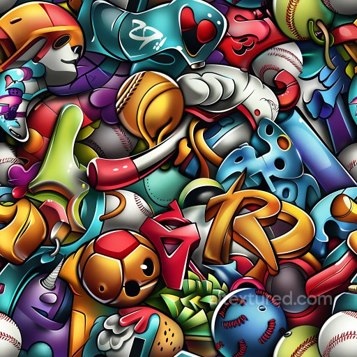 Seamless 3D PBR Graffiti Texture Featuring Vibrant Sports Elements and Cartoon Style texture preview