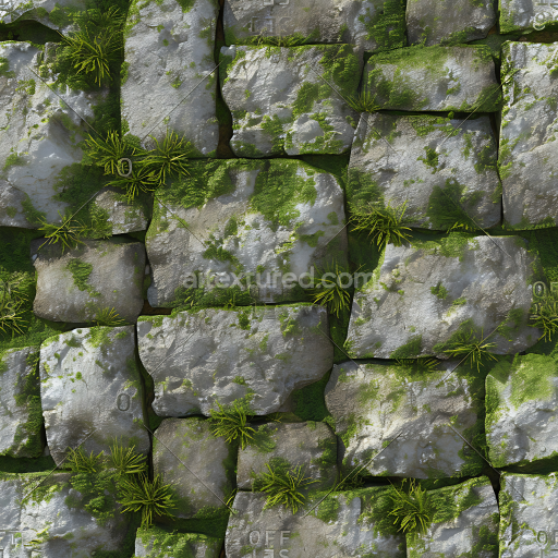 Preview — Seamless 3D mossy stone wall PBR texture with weathered, lichen-covered rocks
