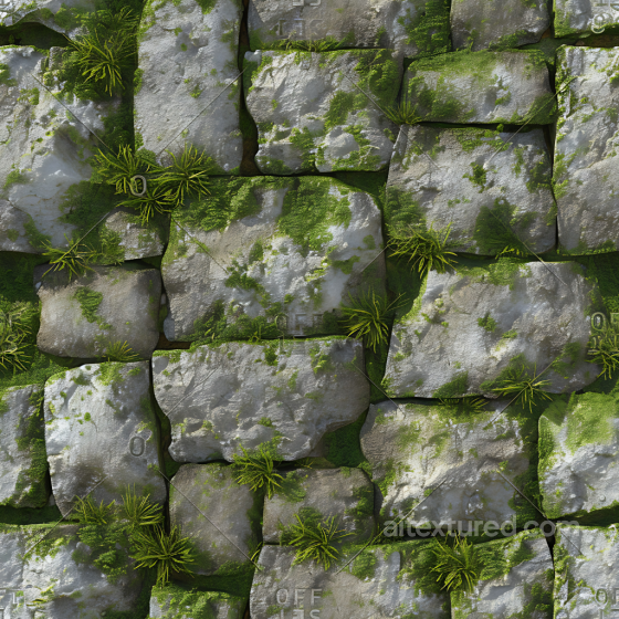 mossy stone wall PBR texture with weathered, lichen-covered rocks Stone texture preview