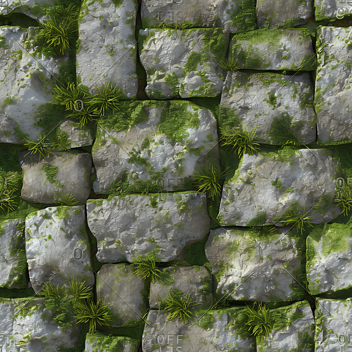 Mossy Stone Wall With Weathered, Lichen-Covered Rocks seamless PBR texture preview