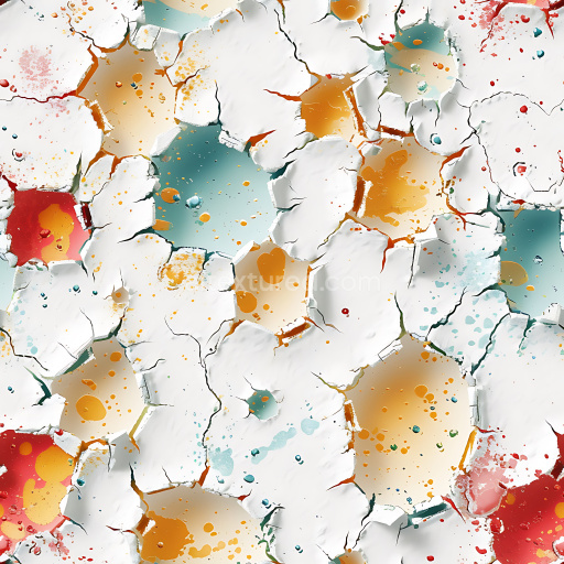 Seamless 3D cracked and holed paint PBR texture with vibrant color splashes
