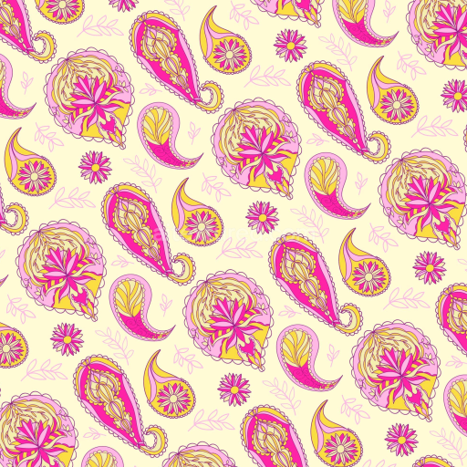 Seamless 3D PBR Retro Paisley Fabric Texture with Pink and Yellow Floral Pattern