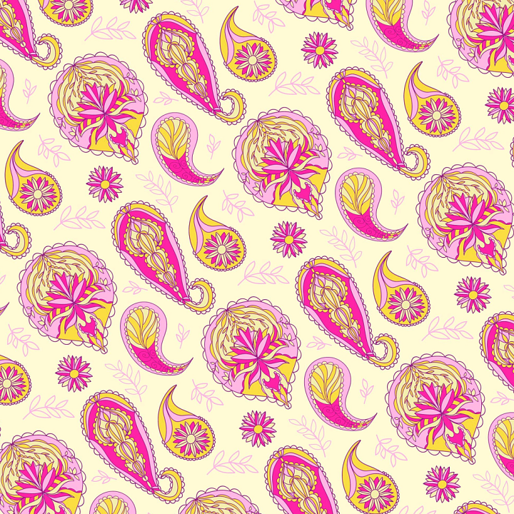 Retro Paisley Fabric with Pink and Yellow Floral Pattern seamless PBR texture preview