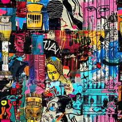 seamless Seamless 3D PBR Graffiti Texture Featuring Multicolored Urban Mural with Classical Column Motifs texture 8k free download PBR