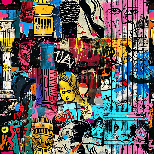 Seamless 3D PBR Graffiti Texture Featuring Multicolored Urban Mural with Classical Column Motifs
