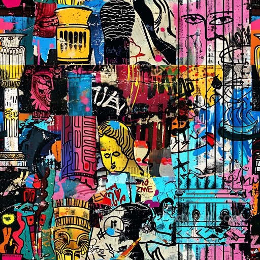Seamless 3D PBR Graffiti Texture Featuring Multicolored Urban Mural with Classical Column… texture preview