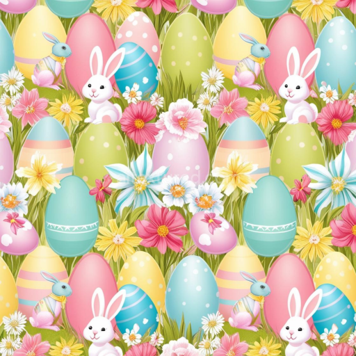 Seamless 3D PBR Texture Featuring Pastel Easter Eggs, Bunnies & Flowers