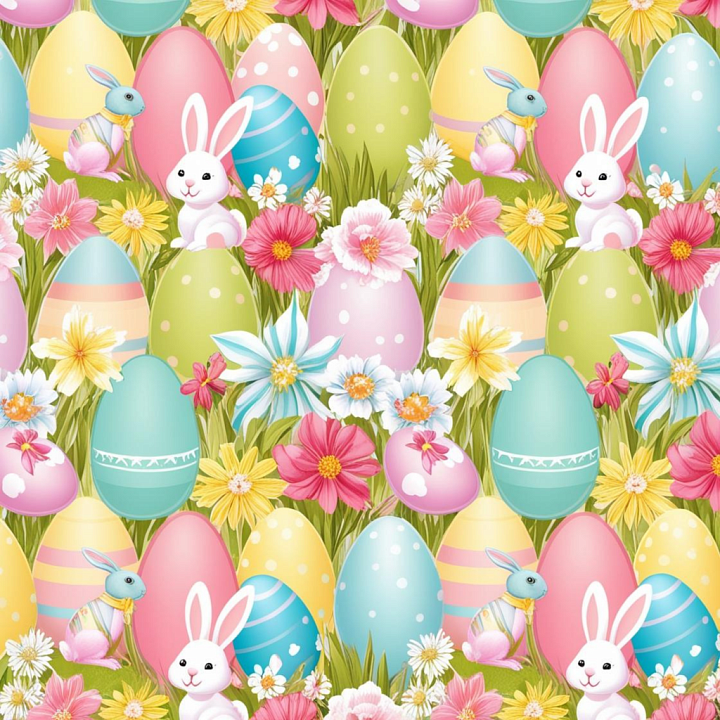 Featuring Colorful Easter Eggs and Bunnies with Flowers seamless PBR texture preview