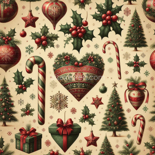 Seamless 3D PBR Texture of Vintage Christmas Ornaments on Fabric Background
