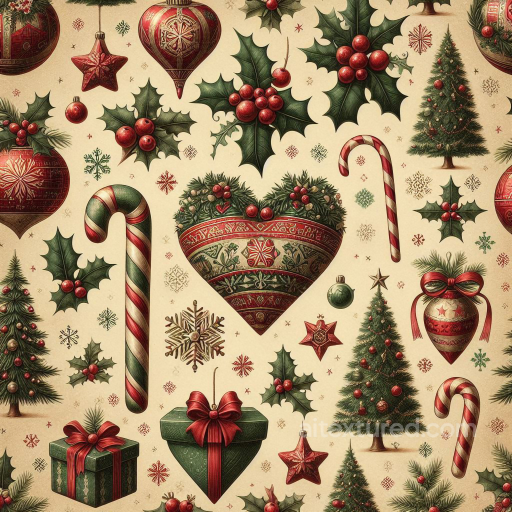 Christmas Vintage Texture of Vintage Christmas Ornaments on Fabric Background seamless Christmas vintage PBR texture