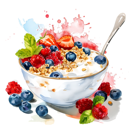Watercolor Granola and Berry Breakfast Bowl Illustration with Mint